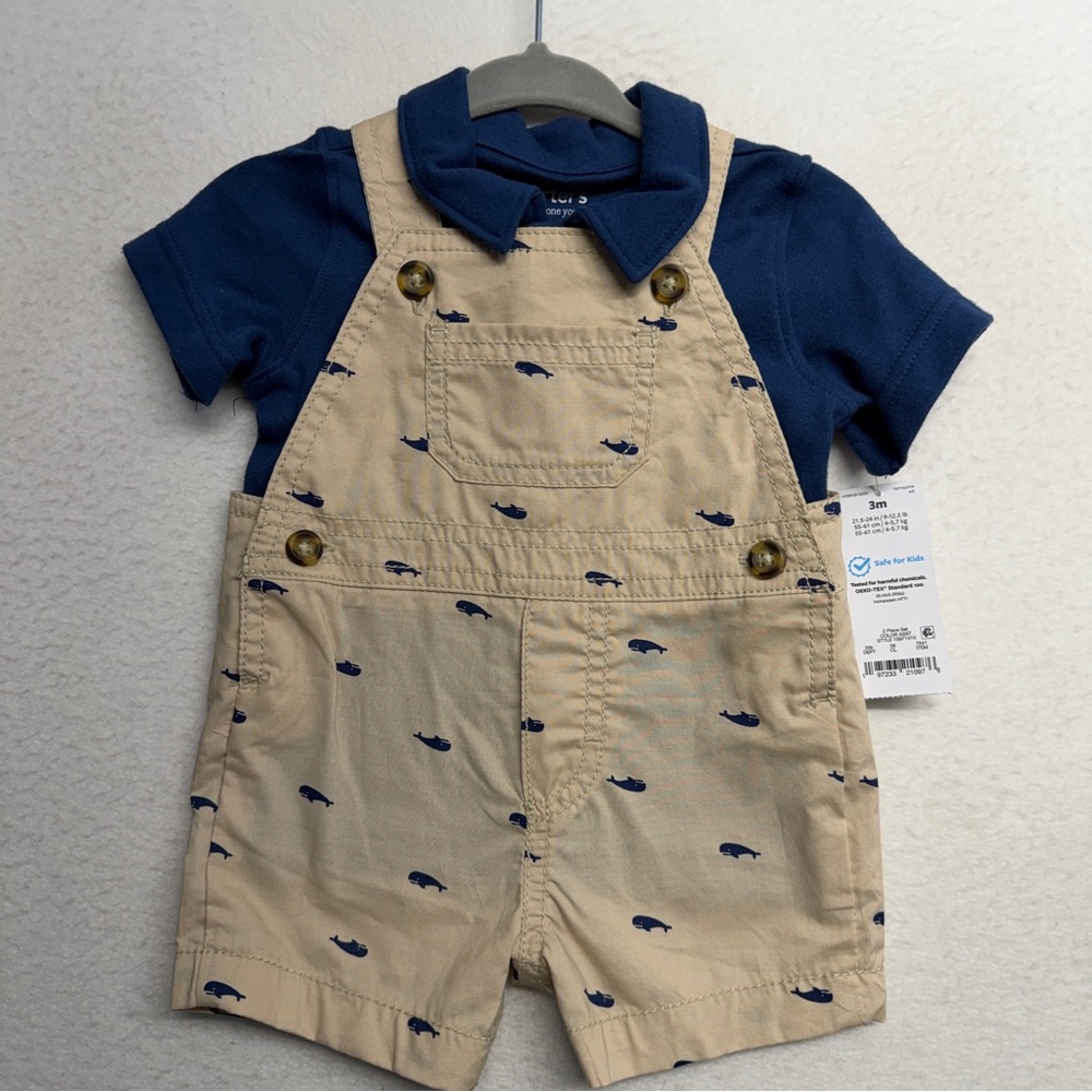 NWT Carters Short Overalls Whale Print 3 Months Boy‎ Polo Shirt Navy Cream